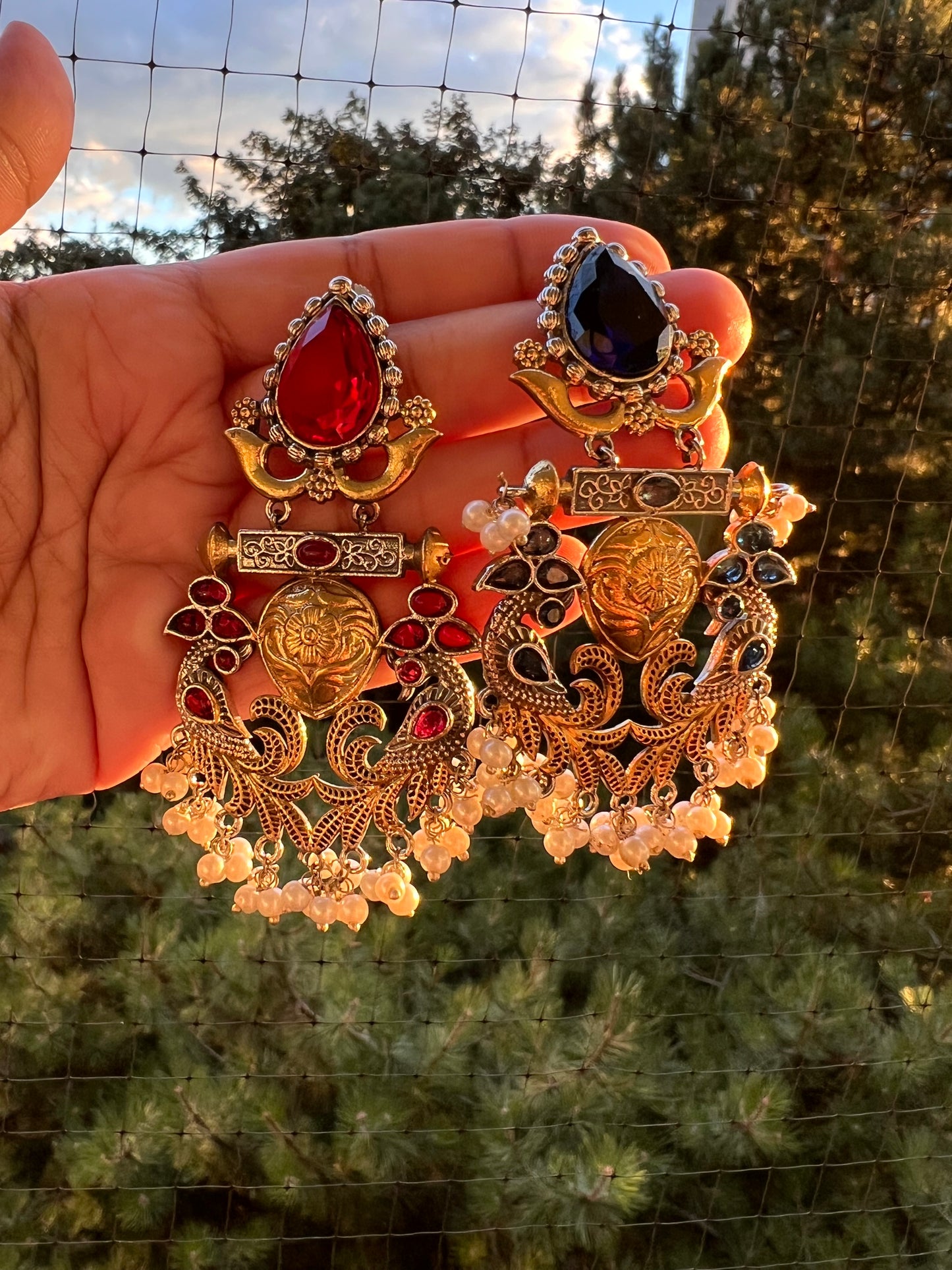 Red studded pearl dazzling earrings