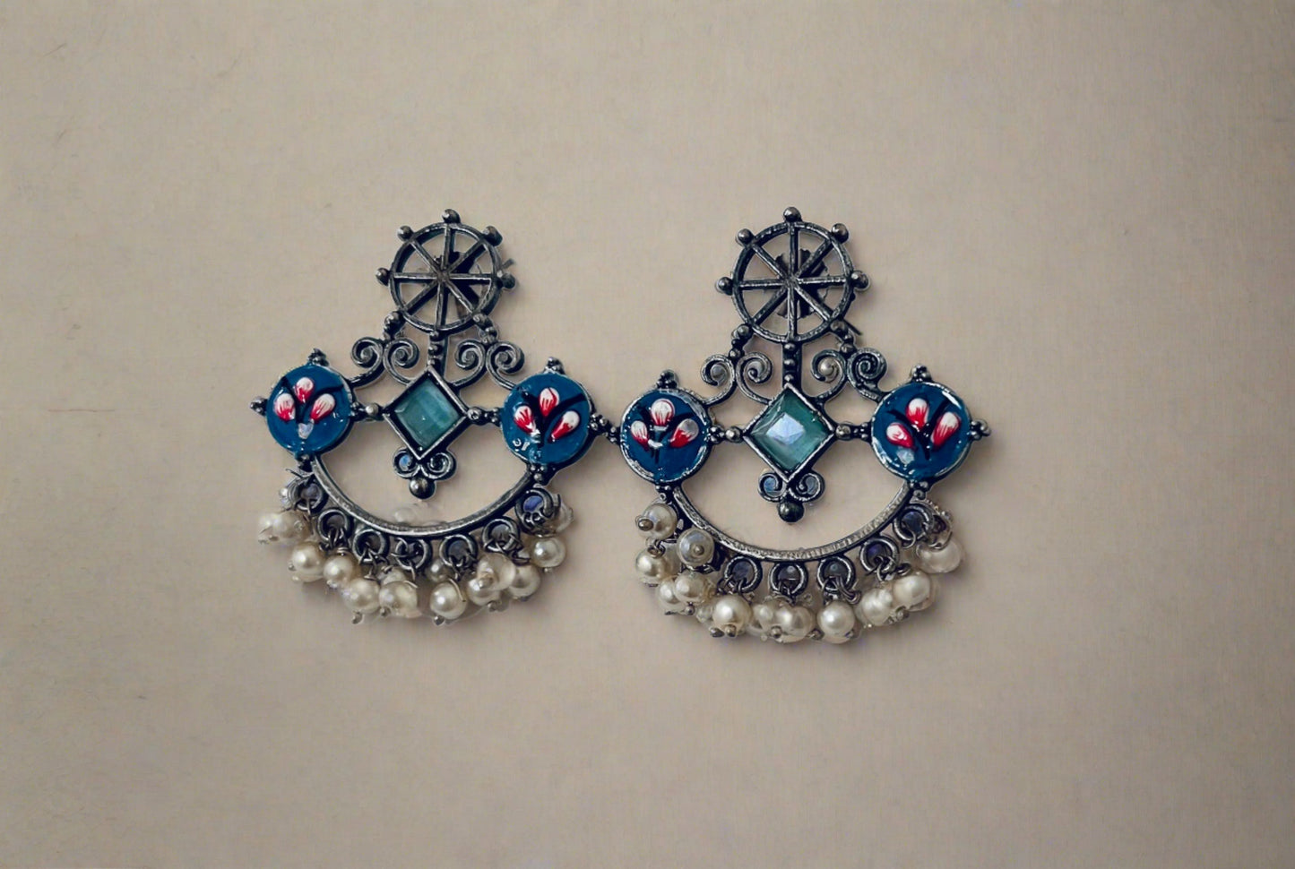 Blue and white oxidized earrings