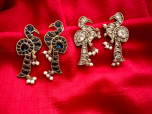 Oxidized stone studded pearl beaded bird motif designer earrings