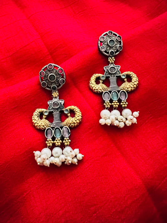 Dual tone oxidized pearl beaded bird motif earrings