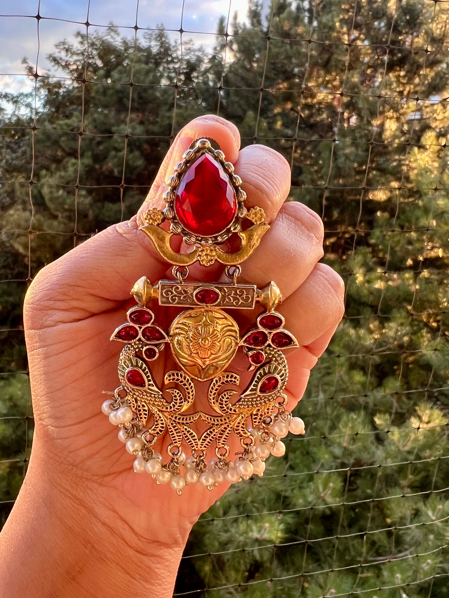Red studded pearl dazzling earrings