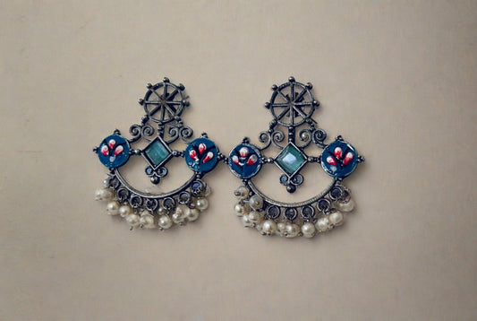 Blue and white oxidized earrings