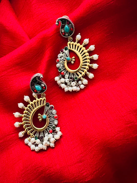 Dual tone multi stone pearl beaded designer earrings