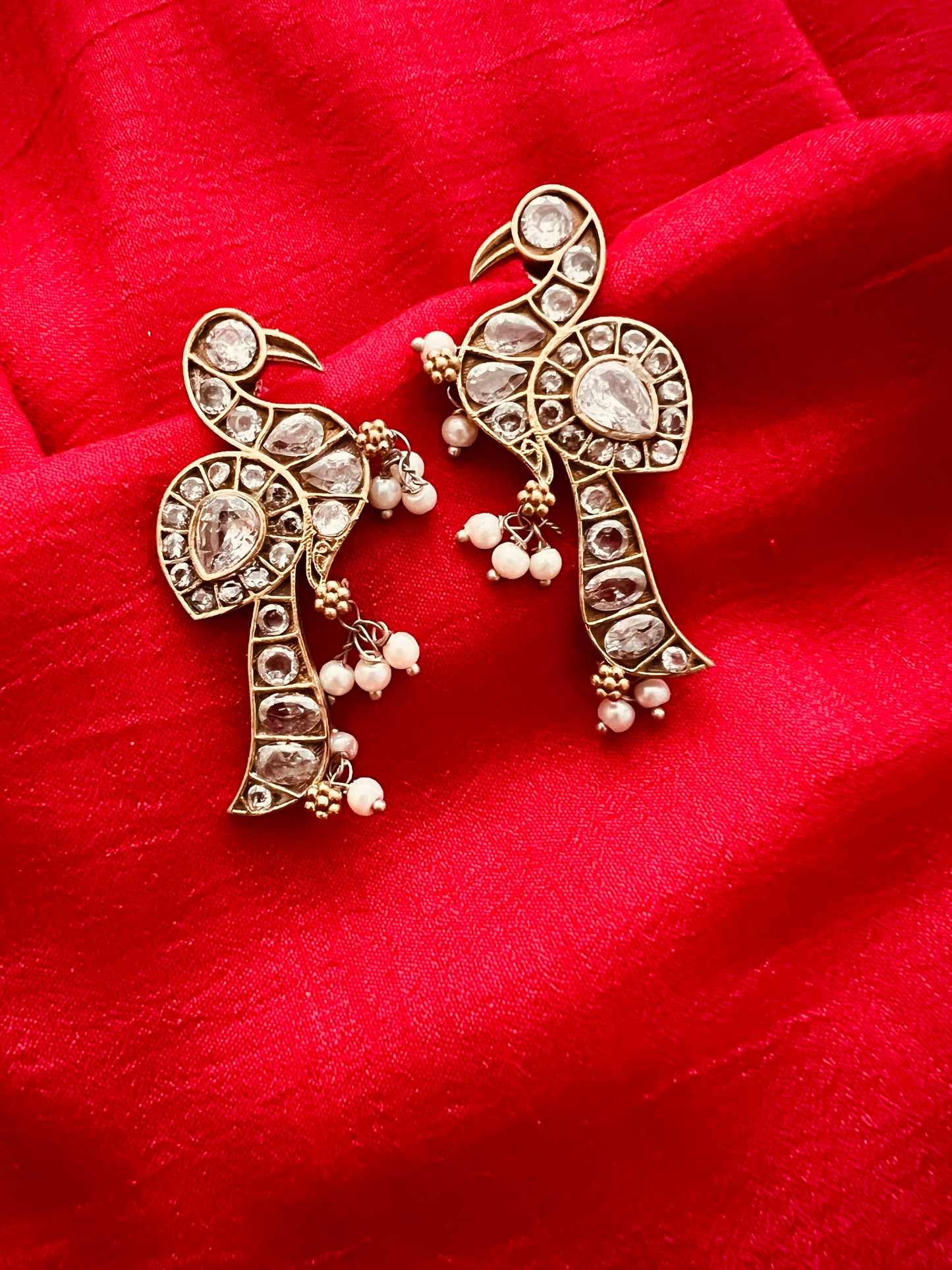 Oxidized stone studded pearl beaded bird motif designer earrings