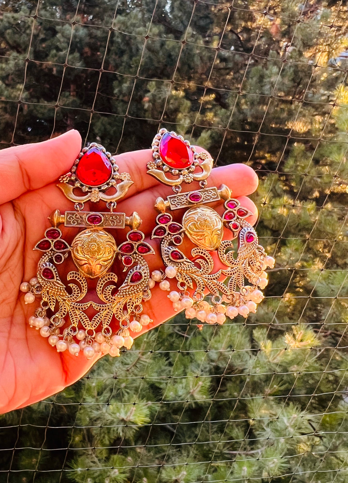 Red studded pearl dazzling earrings